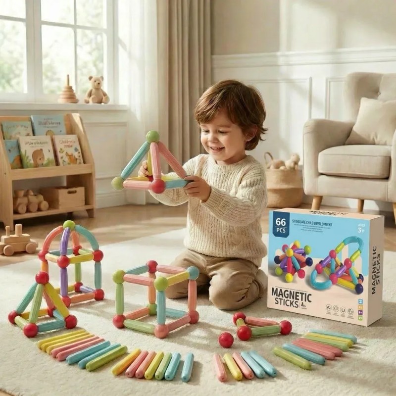 Brinquedo Bastões Magnéticos De Montar 66 Peças Montessor...