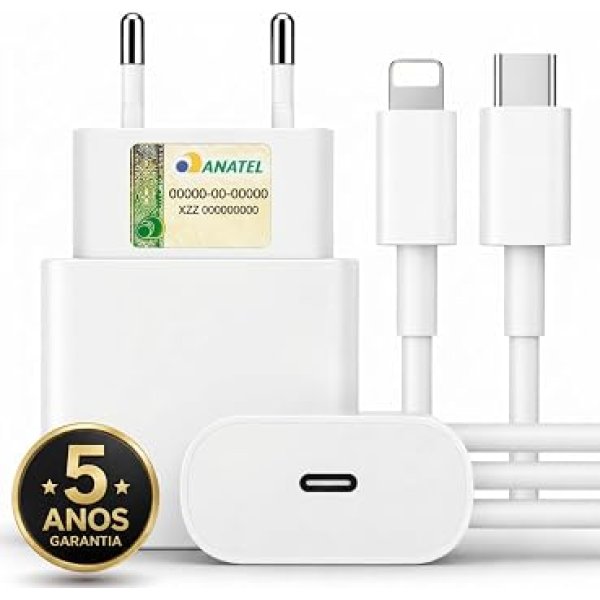 Kit Carregador Turbo 25W Compativel c/I.Phone 8 X Xr 11 12 13 14 Pro Max Linha Premium com Cabo USB-C, Saída iOS + Fonte Carregador Ultra Rápido, Tecnologia Power Delivery
