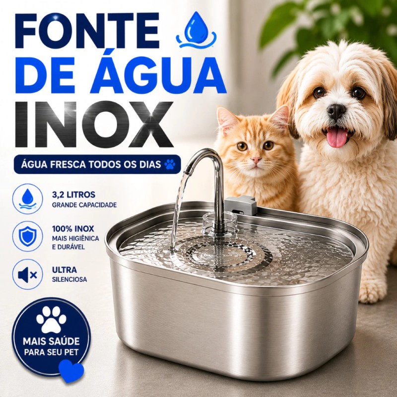 Fonte de Água para Gatos 100% Inox Bebedouro Gato Silenci...