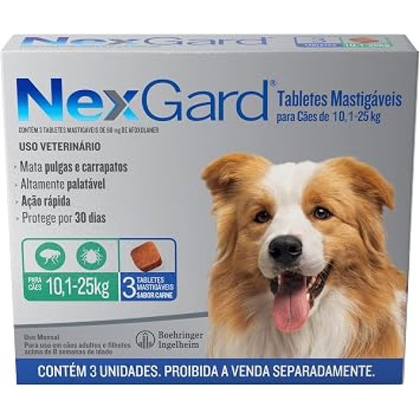 NexGard Antipulgas e Carrapatos para Cães de 10.1 a 25kg - 3 tabletes