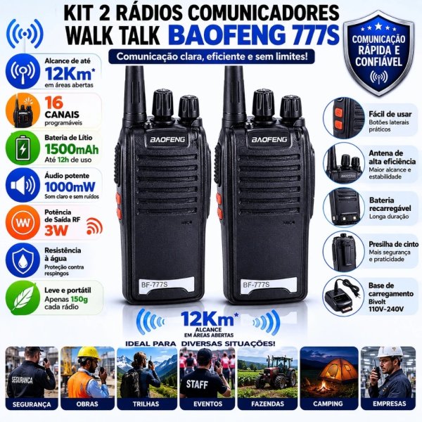 Kit Rádio Comunicador Walk Talk Baofeng 777s com 16 Canal Alcance de 12Km Radinho Segurança Portátil