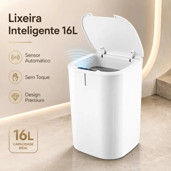 Lixeira Inteligente 16l Com Sensor Automático E Tampa Touch Branco
