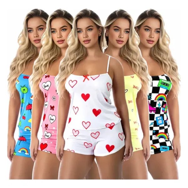 Kit 5 Conjuntos Pijama Feminino Baby Doll Estampados Cordoba