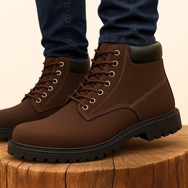 Bota Masculina em Couro Cano Médio Basica Moda Casual Solado Tratorado com Cadarços Coturno Masculino com C.A