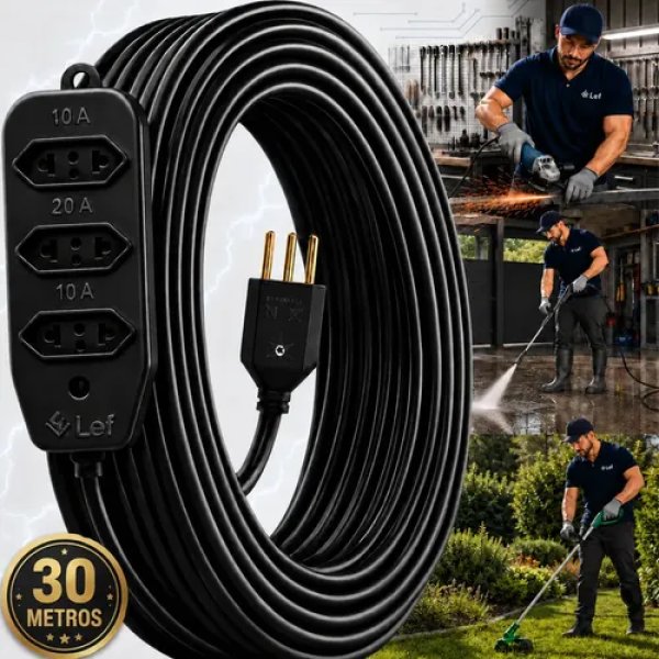 Extensão 30metros Cabo Pp Reforçada Obra Profissional 10/20a Preto