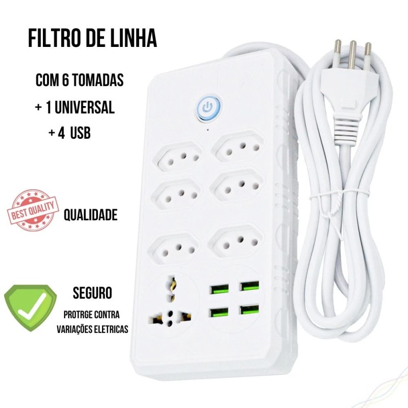 Régua Filtro de Linha com 7 Tomadas Extensão Elétrica 1 U...