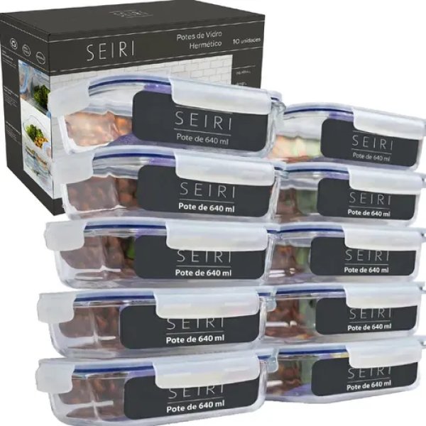 Kit 10 Potes De Vidro Marmita Hermético 640ml Freezer Fitness Borossilicato