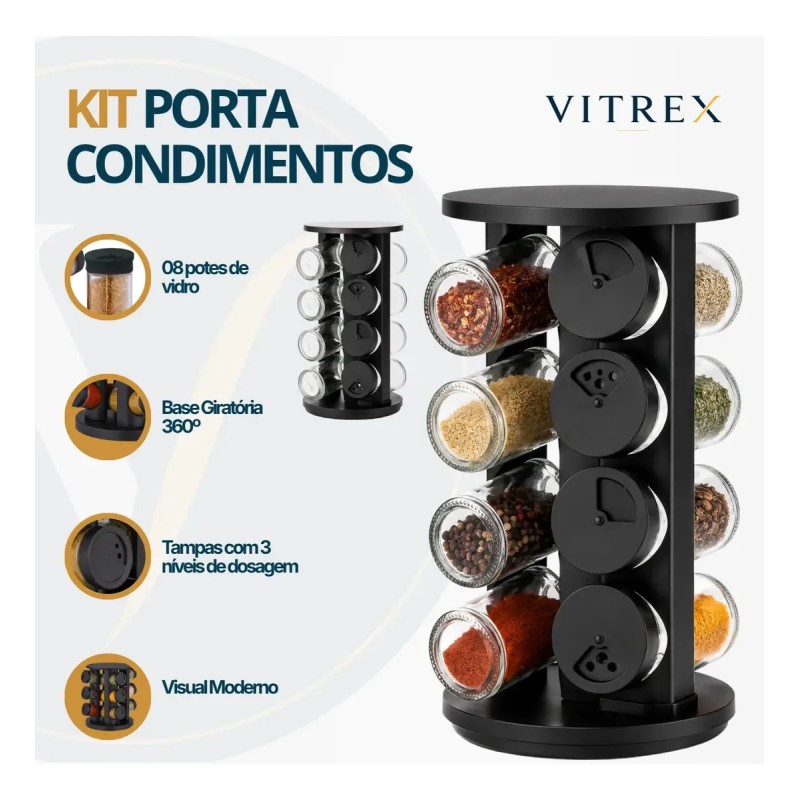 Kit Porta Condimentos Vitrex 8 Potes Em Vidro Preto Com B...