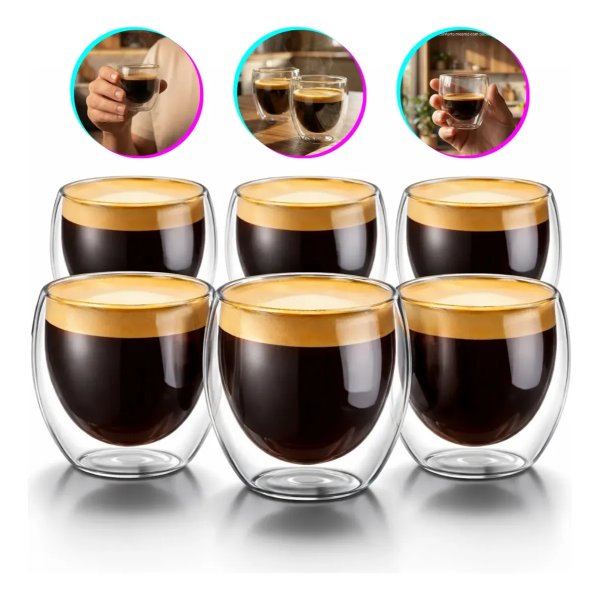 Copos Café Vidro Kit 6 Unidades Parede Dupla 90ml Borossilicato Transparente para Expresso Chá Bebidas Quentes Luxo