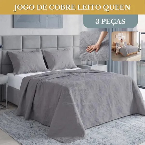 Colcha Queen 3 Pecas Marbella Dupla Face Matelasse Porta Travesseiros Elegancia Conforto Decorativo Cor Cinza