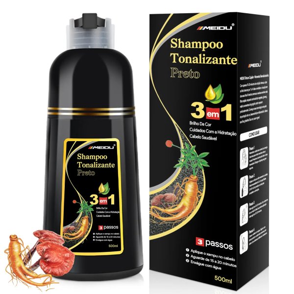 MEIDU Tintura Capilar 3 em 1 para Cabelos Pretos - Cobre Cabelos Brancos, Fórmula Natural com Ervas e Extrato de Ginseng, Coloração Vegetal, Efeito Salon