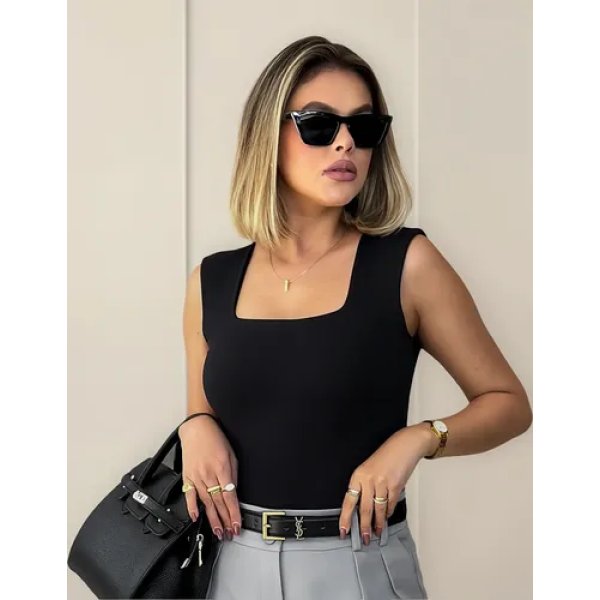 Blusa Regata Feminino Decote Quadrado Alça Grossa Casual