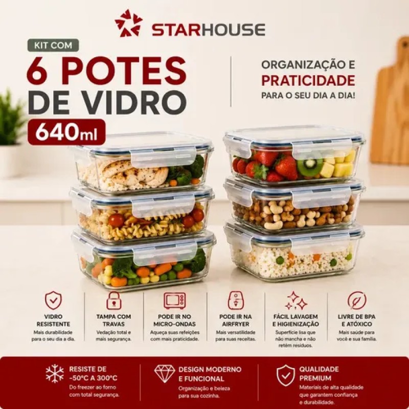 Kit 6 Potes 640ml Vidro Hermético 4 Travas Marmita Refrat...