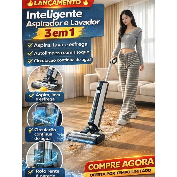 Lavadora de Piso Inteligente Sem Fio Original e Genuína, Varredora Doméstica, Aspirador Automático Sem Fio