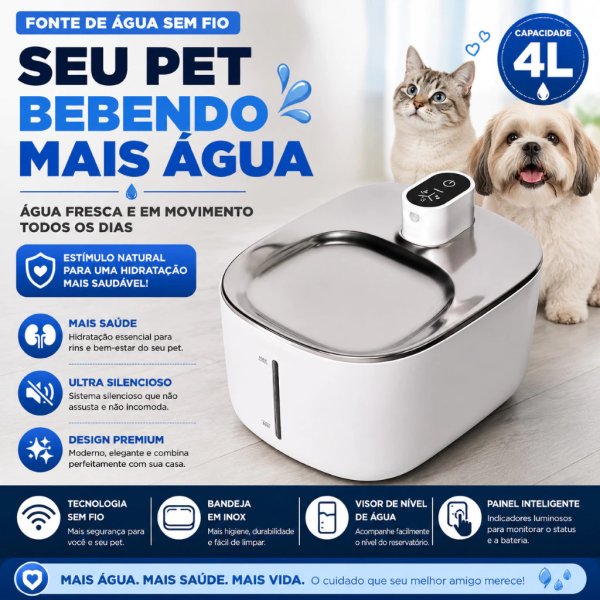 Fonte de Água para Gatos Inox Flow Wireless 4L com Filtro Bebedouro para Gato Automático Sem Fio