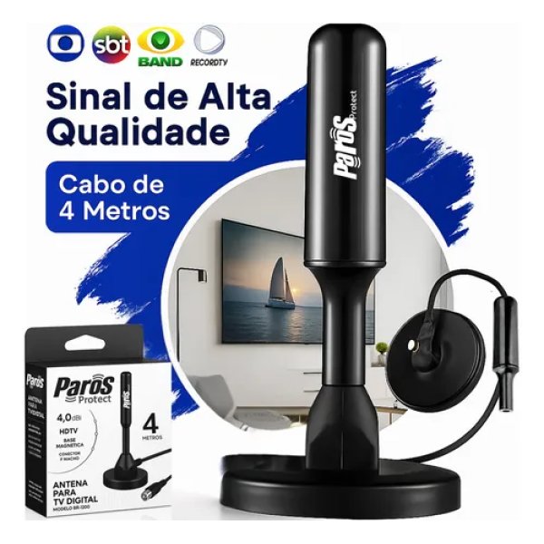 Antena Digital Interna Externa HDTV UHF Cabo Com Cabo Longo De 4 Metros Com Base Magnética Parosprotect