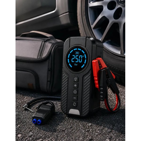 Auxiliar De Partida Para Carro Compressor De Ar Portátil 12V 4 funções em 1 Inflador Digital Calibrador De Pneu Power Bank Lanterna LED Emergência Automotiva Moto SUV Bicicleta Caminhonete MidiaFone