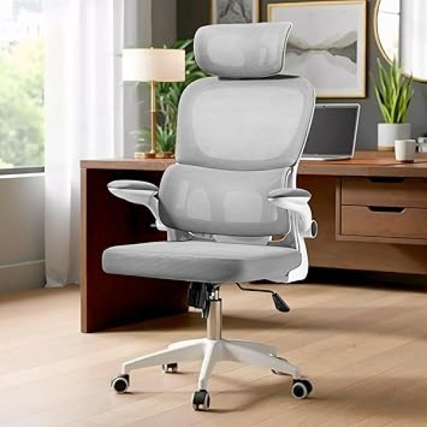 Cadeira Ergonomica,Cadeira Escritorio Com Apoio de Cabeça e Lombar Ajustáveis,Suporta 200kg,Respirável Cadeiras mesh,Equipada Com 2D Apoios de Braço e Almofada de Assento Larga,Robusto Durável.(Cinza)