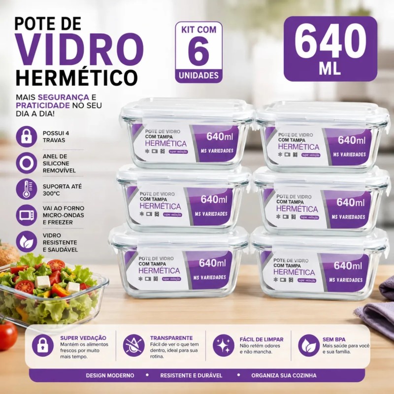 Kit 6 Potes 640ml Vidro Borossilicato Hermético 4 Travas ...