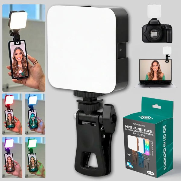 Mini Flash Iluminador de Selfie Profissional Fotográfico Multicolor e Rgb 60w Para Vídeos e fotos Com Luz de Estúdio e Clip Portátil Perfeito para Instagram Tiktok - GoodVision 