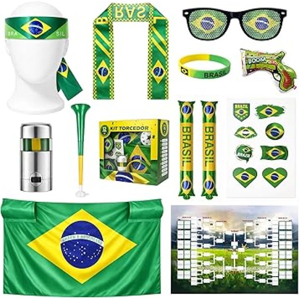 Kit Torcedor Brasil Copa 2026 – 12 Peças: Pulseira, Óculos, Bandeira, Pintura Facial, Bastão Inflável, Trompete, Pistola – Alta Qualidade, Design Brasileiro– Em busca do Hexa! (1 Caixa)