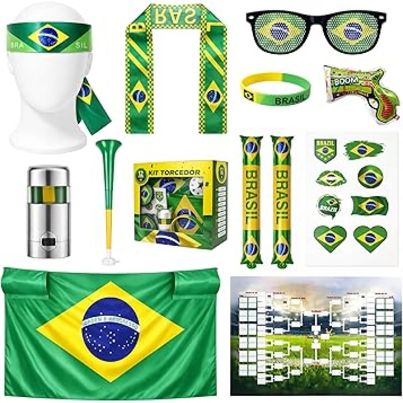 Kit Torcedor Brasil Copa 2026 – 12 Peças: Pulseira, Óculo...