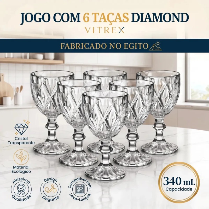 Jogo 6 Taças de Cristal 340ml Diamond Transparente Lapida...