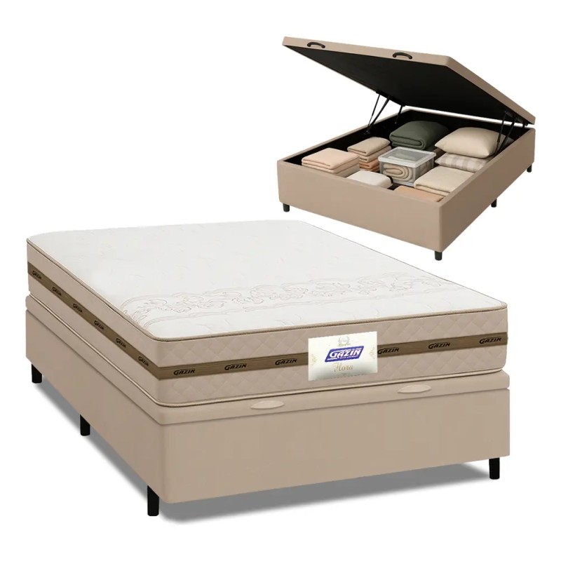 Cama Box Baú Casal Colchão Gazin Molas Flora Bege 138x188...