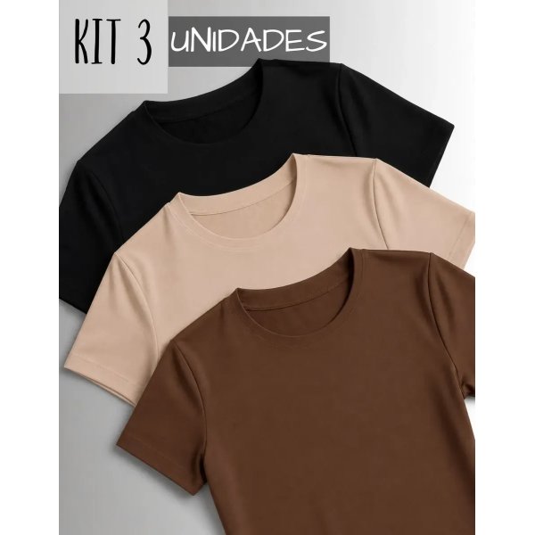 Kit 3 Camisetas Manga Curta Blusas Femininas Baby Look Comfy