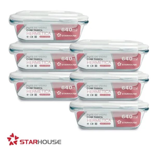 Kit 6 Potes 640ml Vidro Hermético 4 Travas Marmita Refratario Star House