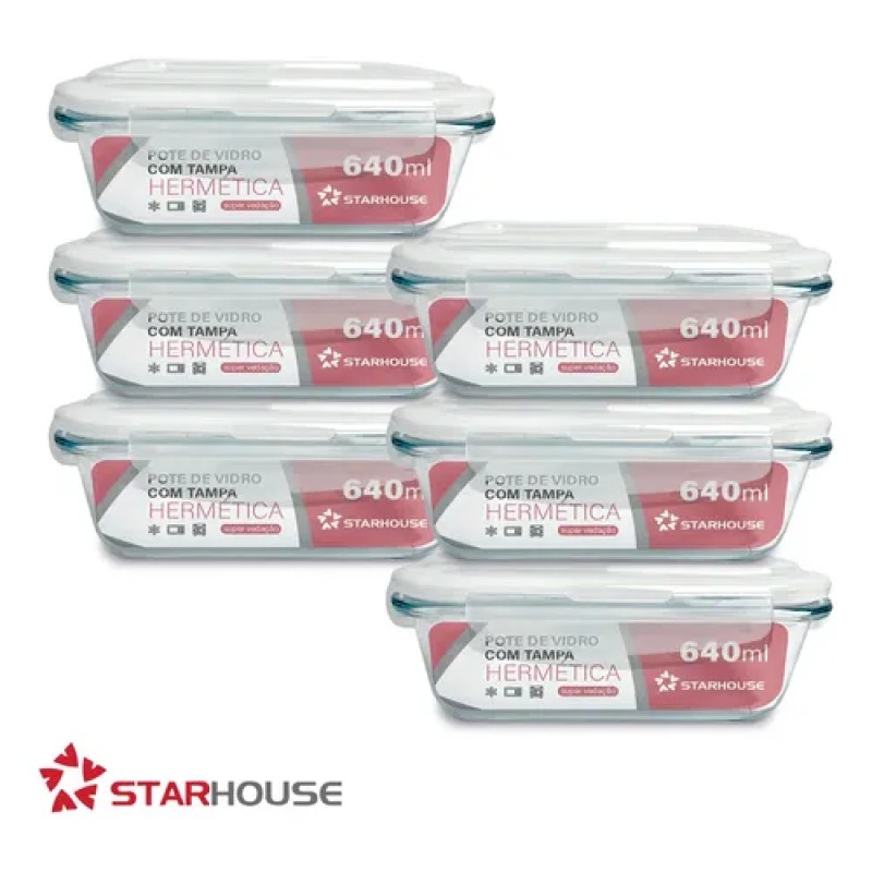 Kit 6 Potes 640ml Vidro Hermético 4 Travas Marmita Refrat...