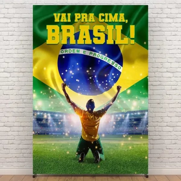 Painel Retangular Vertical Copa Decoração De Festa Futebol Brasil Campeão Em Tecido Sublimado Criatema
