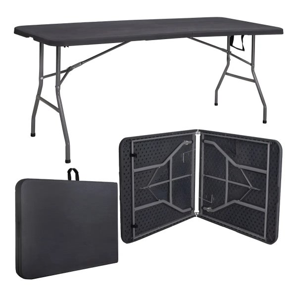 Mesa Dobrável Vira Maleta Com Alça Portátil 1.80m Para Camping Pesca Jardim Área Externa Ou Interna Salão De Festas Gourmet Cor Preto Luvinco