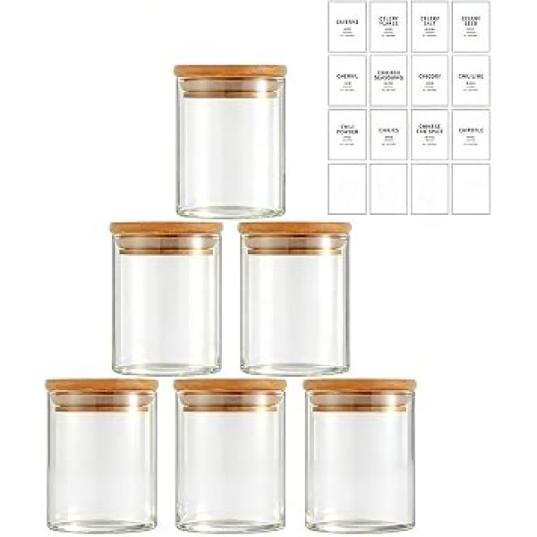 Potes Herméticos de Vidro com Tampa de Bambu - Kit 6 Unidades 200ml para Temperos, Grãos, Café e Organização de Cozinha