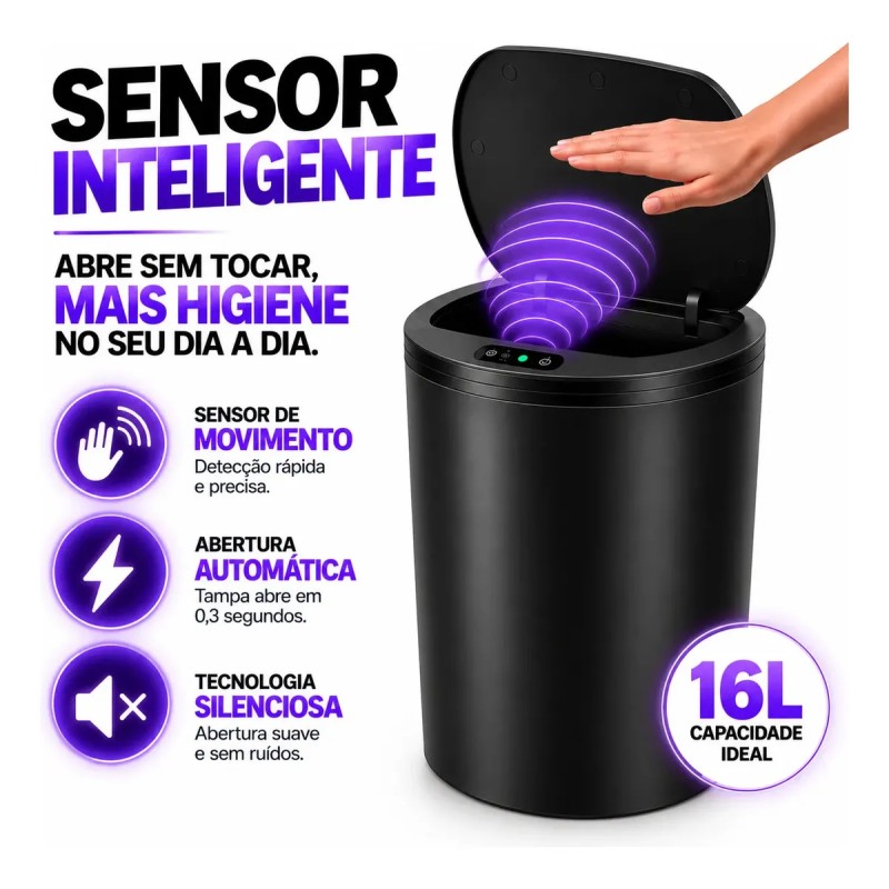 Lixeira Inteligente Automática Redonda Recarregável USB‐C...