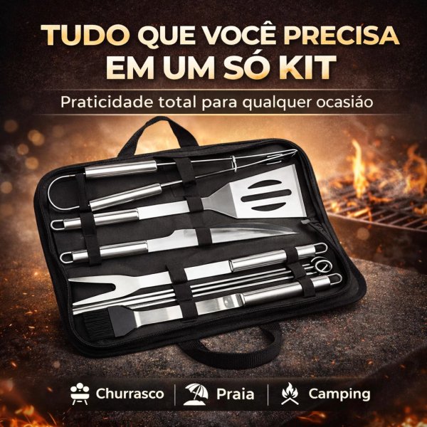 Kit Churrasco Completo 9 Peças Inox Profissional com Bolsa Conjunto Churrasqueiro Premium