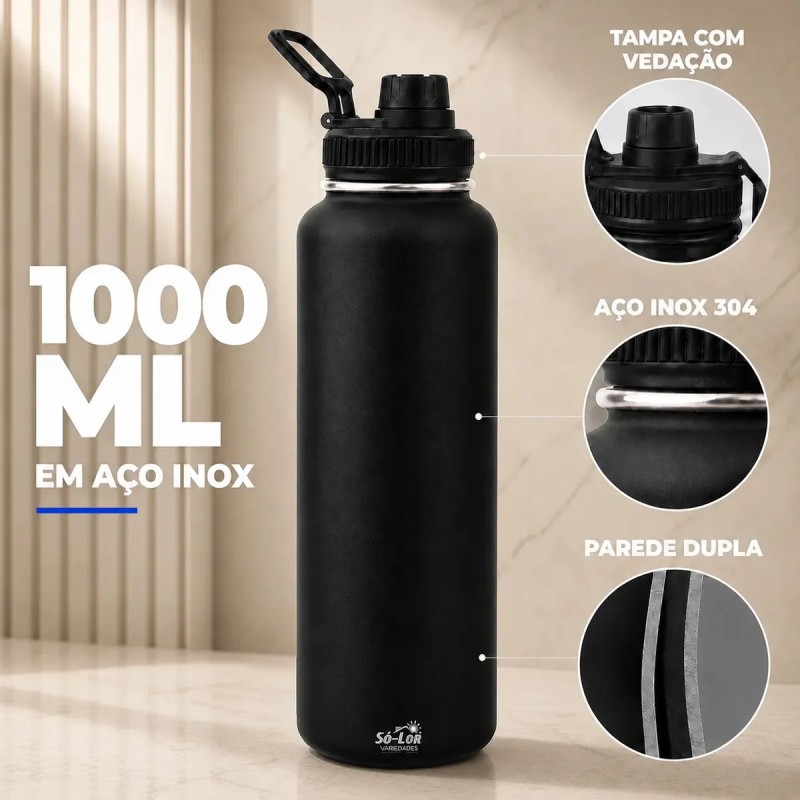 1000ml Garrafa Térmica Isolada A Vácuo Squeeze Aço Inox 3...