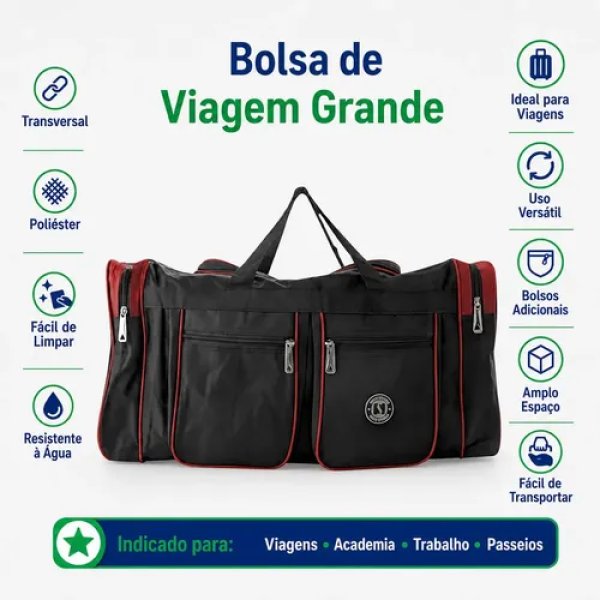 Bolsa Transversal Grande Vermelha Viagem Avião Mala de Mão Espaçosa Leve Resistente Alça Ajustável Marianopole