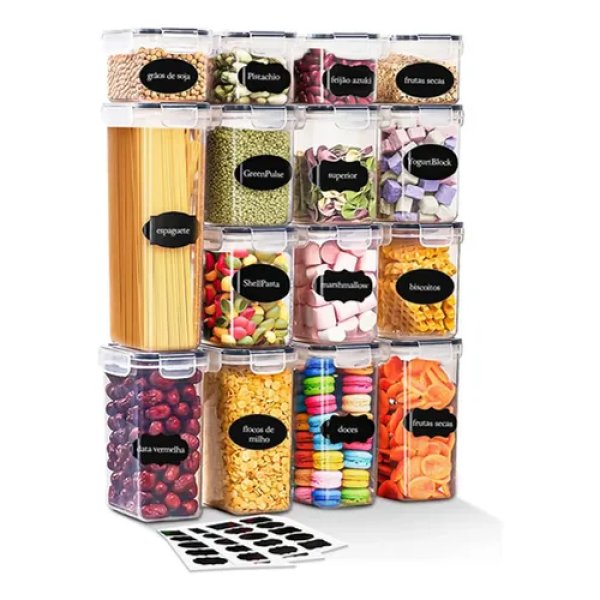 Vie Idéale Kit 15 Potes Herméticos Mantimentos Quadrado Branco