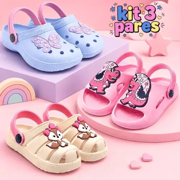 Kit 3 Pares Sandália Babuche Infantil Menina Chinelo Nuvem