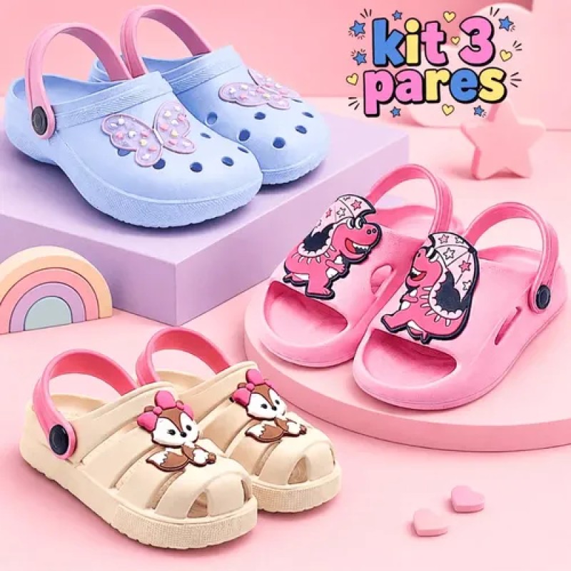 Kit 3 Pares Sandália Babuche Infantil Menina Chinelo Nuvem