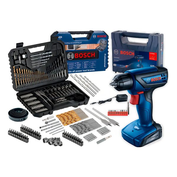 Furadeira Parafusadeira Sem Fio De 6mm Bosch Gsr 1000 Smart C/ Maleta + Jogo Kit Pontas Brocas 103 Peças Bosch