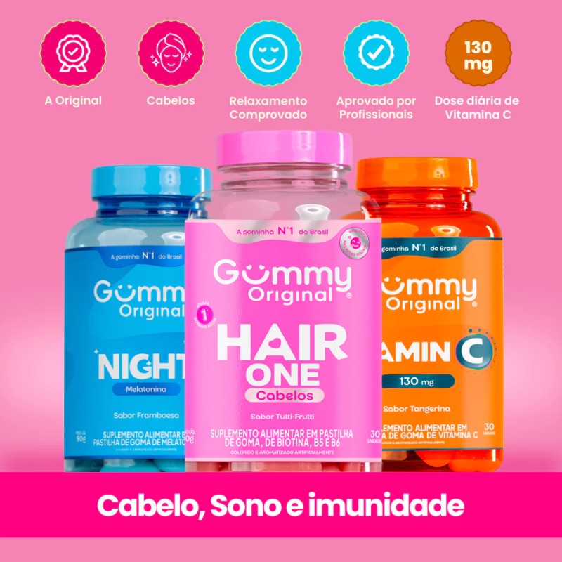 Kit Gummy Night + Hair + Vitamina C 3 Frascos Melatonina ...