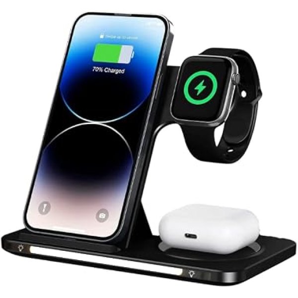 Carregador Sem Fio Rápido, Indução, Wireless, 3 em 1, 15W Dobrável, Estação de Carregamento Compatível com iPhone Apple Watch AirPods com LED KAIDI KNC9097