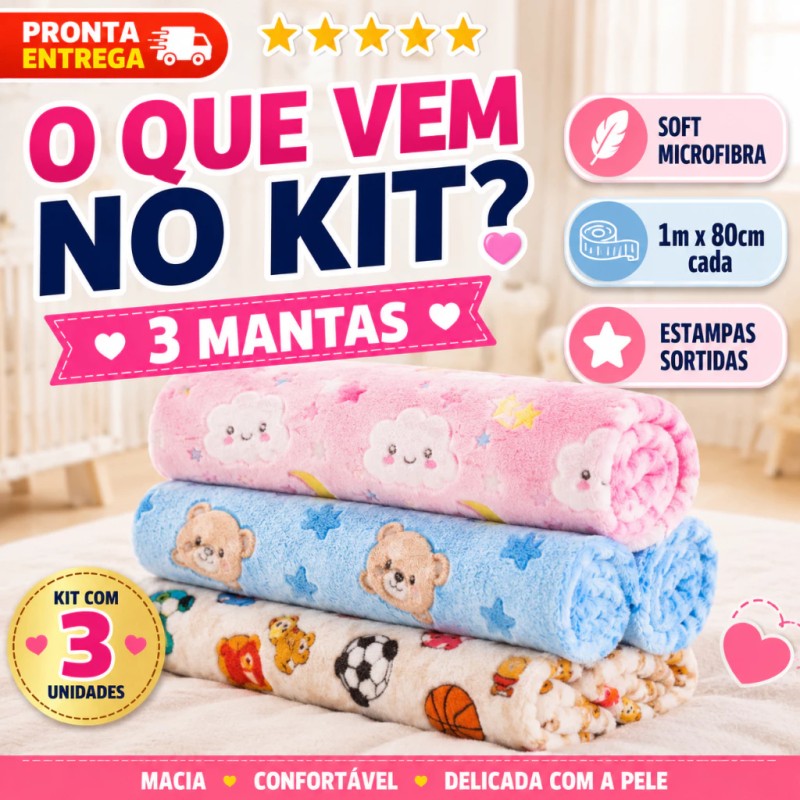 Kit 3 Unidades Manta Soft Microfibra Para Bebê Infantil I...