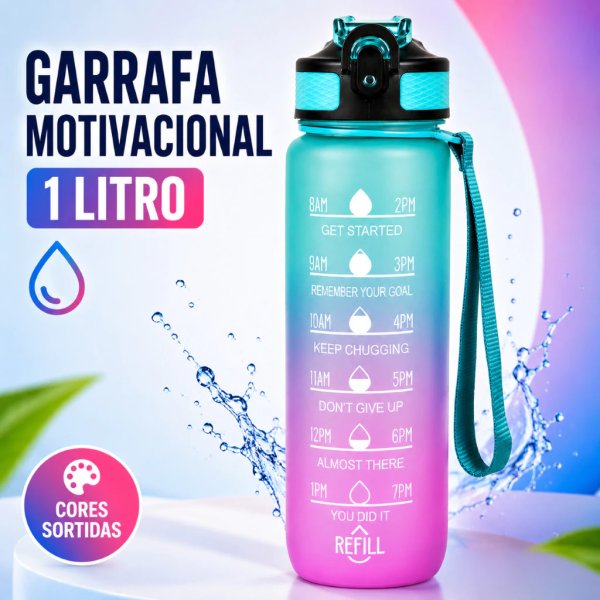 Garrafa de Água Squeeze Motivacional 1L Com Marcador de Horário Tampa Trava Academia Fitness BPA Free