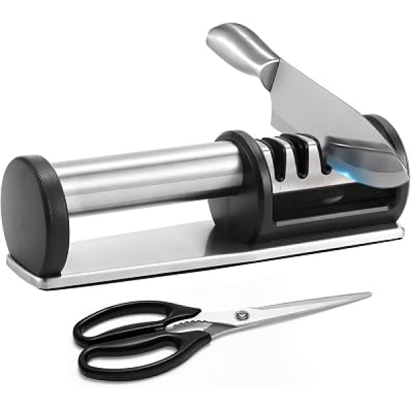 Afiador de Facas LUMAI Detroit, 4 Estágios, Aço Inoxidável, para Facas e Tesouras, 22cm x 6,5cm, Prateado | Amolador de Faca Manual para Afiar e Polir Lâminas de Facas e Tesouras Cegas
