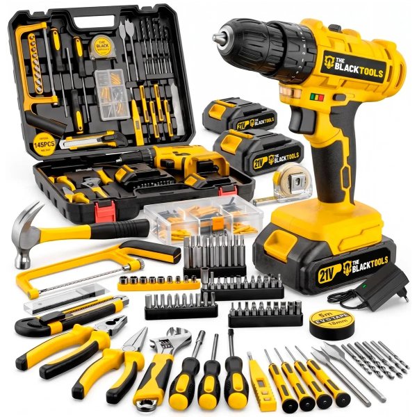 Parafusadeira Furadeira De Impacto The Black Tools Profissional 2 Baterias Com Maleta + Kit Acessórios 145 Peças Tbkit19