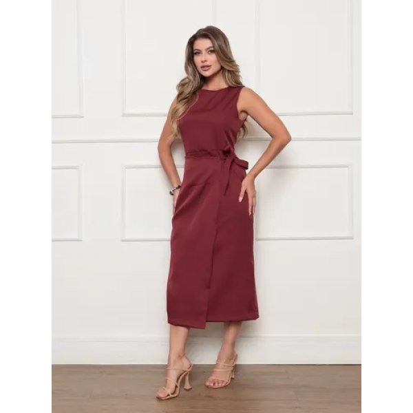 Vestido Midi Alfaiataria Amarração Lateral Elegante Social