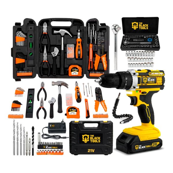 Furadeira Parafusadeira De Impacto 2 Baterias 21v 3/8 Com Kit Jogo De Ferramentas 169 Peças Com Maleta The Black Tools